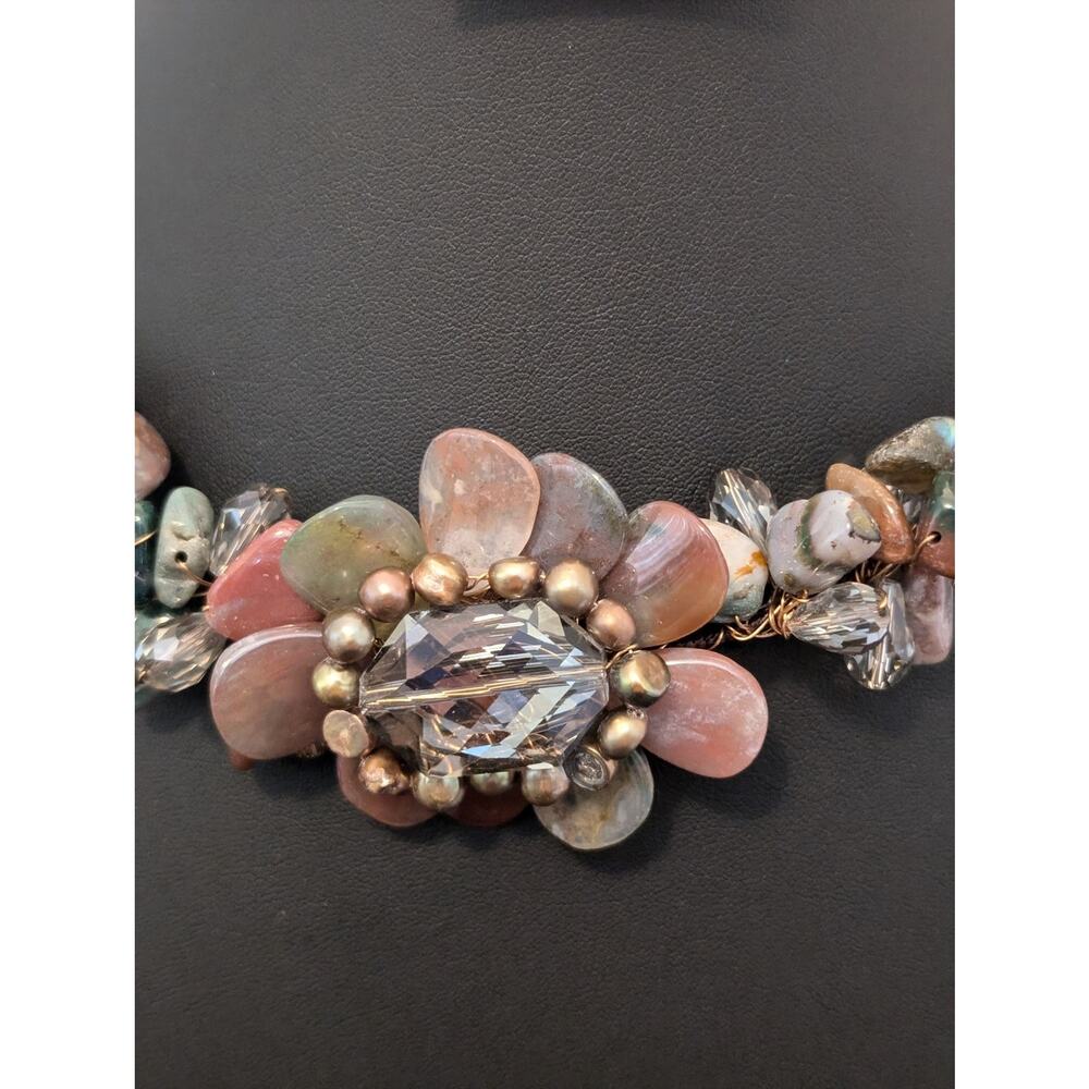 Handmade Wired Stone Flower Crystal Bead Wire Cord Collar Necklace - Picture 3 of 7